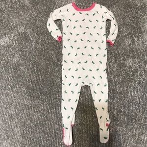 Euc Ollie & Bess alligator print footie pajamas with pink trim and bottom flap